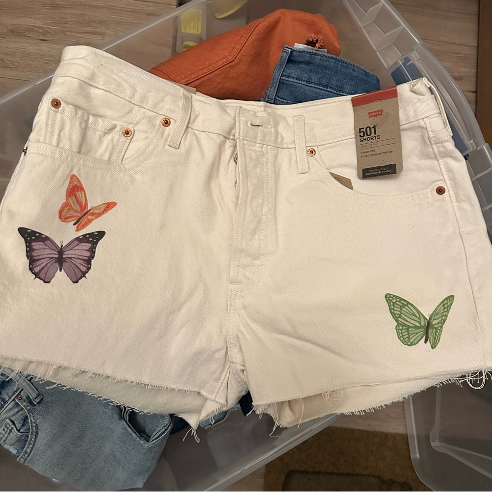 Levi's White 501 Jean Shorts with Butterfly Accents